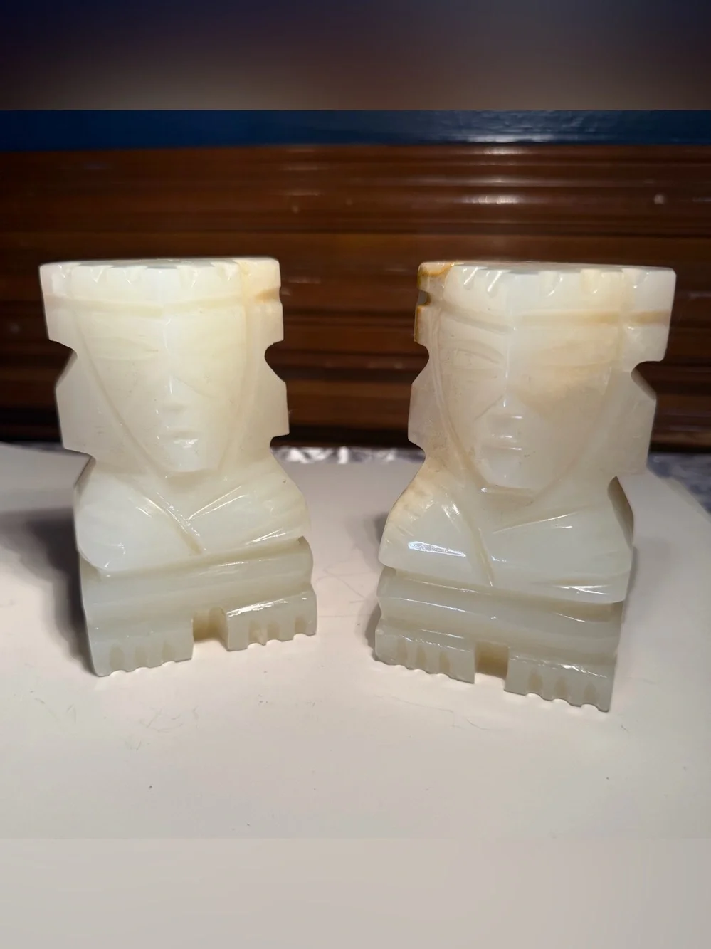 Vintage Tiki Aztec Mayan Sculptural Bookends Carved Onyx Stone Set of 2